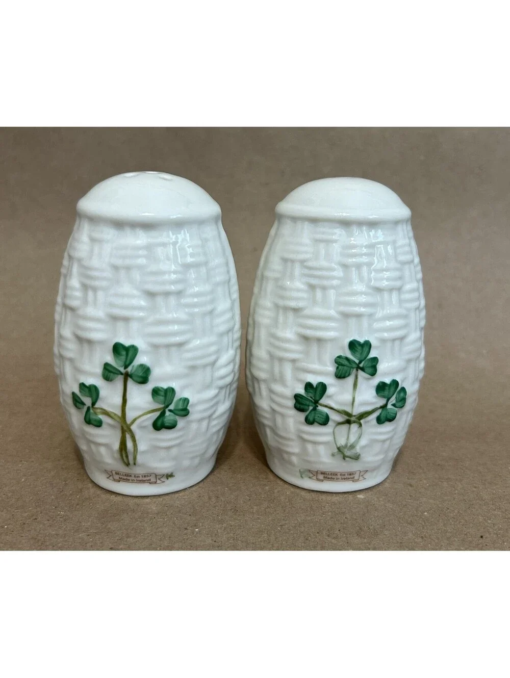 Belleek Ireland Vintage Porcelain Hand Painted Shamrock Salt & Pepper Shakers